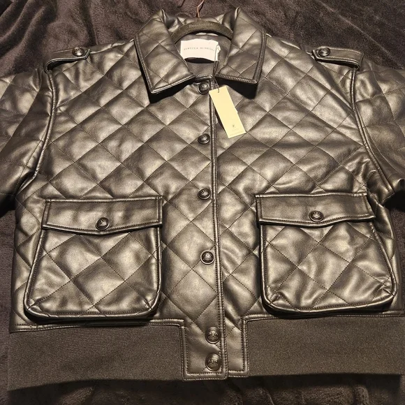 Rebecca Minkoff Black Diamond Quilted Bomber Jacket Size XL Oversized - Picture 9 of 11